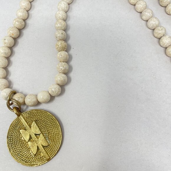 White Jasper Stone Bead Pendant Necklace Gold-Tone Geometric Medallion - Picture 8 of 14